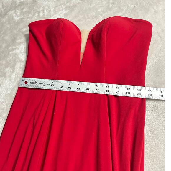 Mac Duggal Bustier Gown Women's 8 Red Strapless Sweetheart Maxi Pooled Train - Picture 11 of 13